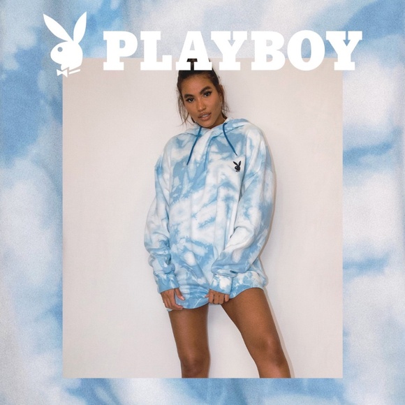 NWT PLAYBOY X MISSGUIDED TIE DYE OVERSIZED HOODIE DRESS - BLUE SIZE SMALL - Picture 4 of 5